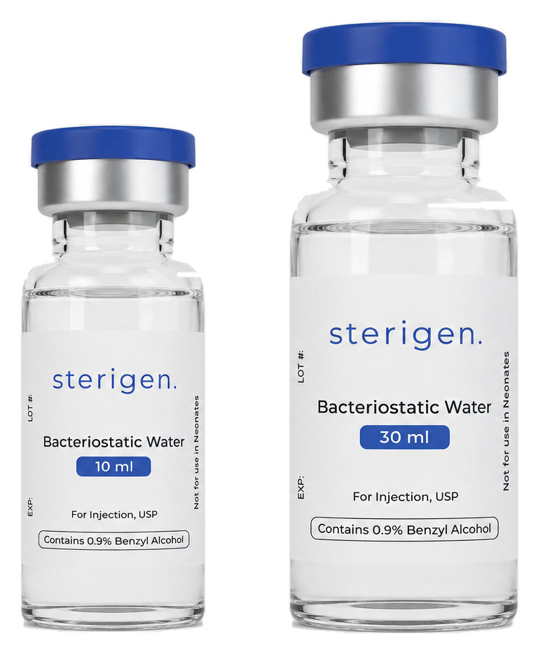 Sterigen bacteriostatic water for injection, USP — 10 mL and 30 mL vials, each containing 0.9% benzyl alcohol
